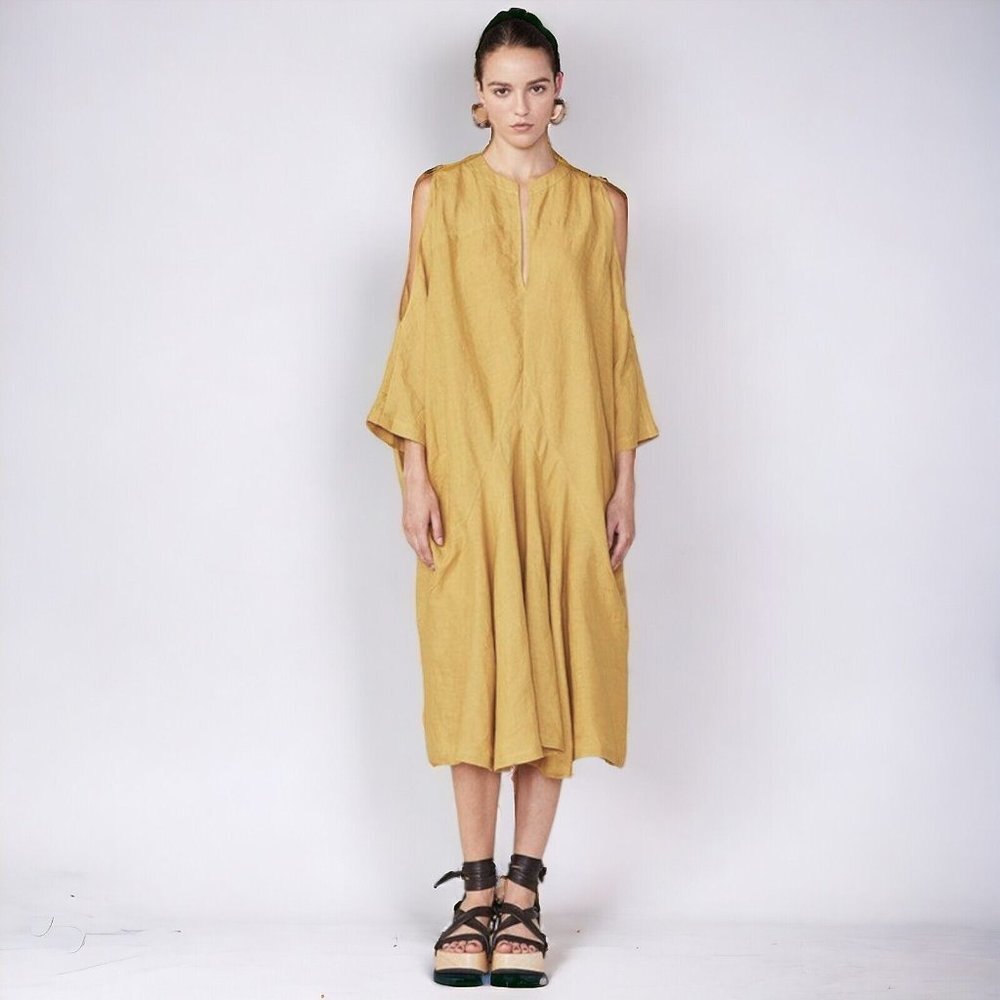 CALLAS MILANO SLEEVE POCKET MIDI DRESSES‎ Linen Kaftan Mustard Yellow OS Kaftan